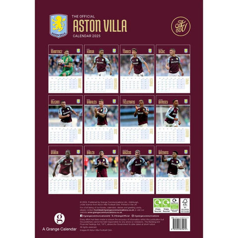 Aston Villa FC 2025 A3 Wall Calendar