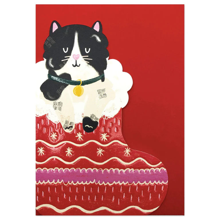 Black & White Cat in Christmas Stocking Card