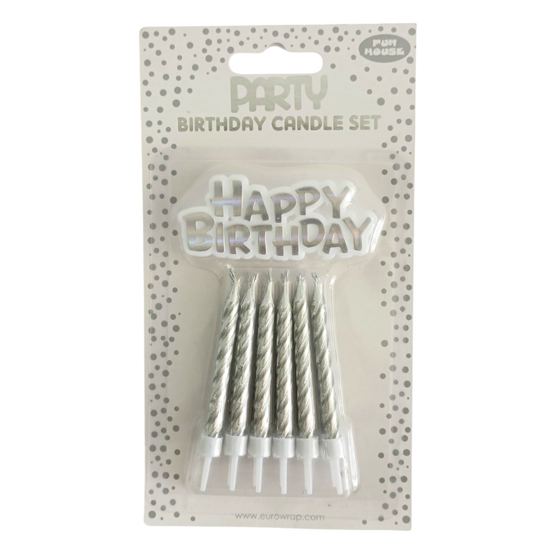 Happy Birthday Cake Topper & Candle Set - Silver