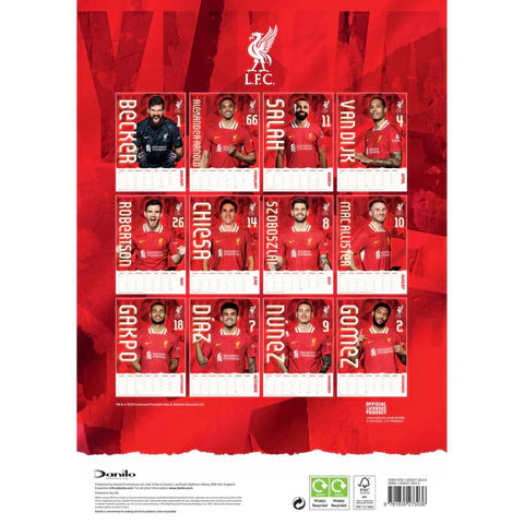 Liverpool FC 2025 A3 Wall Calendar - Plastic Free