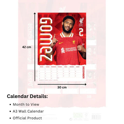 Liverpool FC 2025 A3 Wall Calendar - Plastic Free