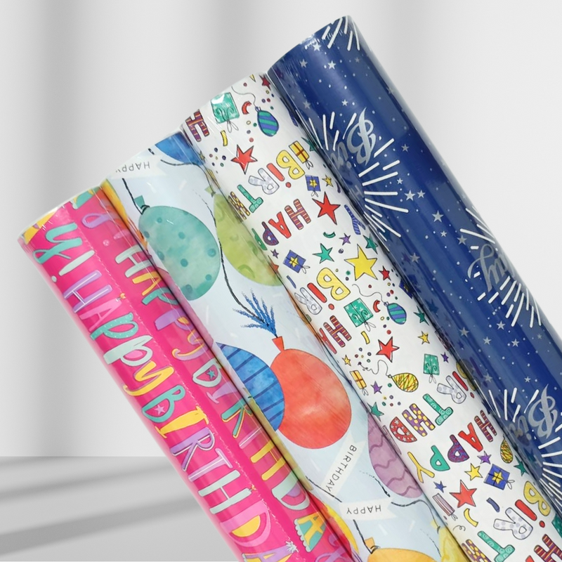 2.5 Metres Happy Birthday Giftwrap - Text & Balloons